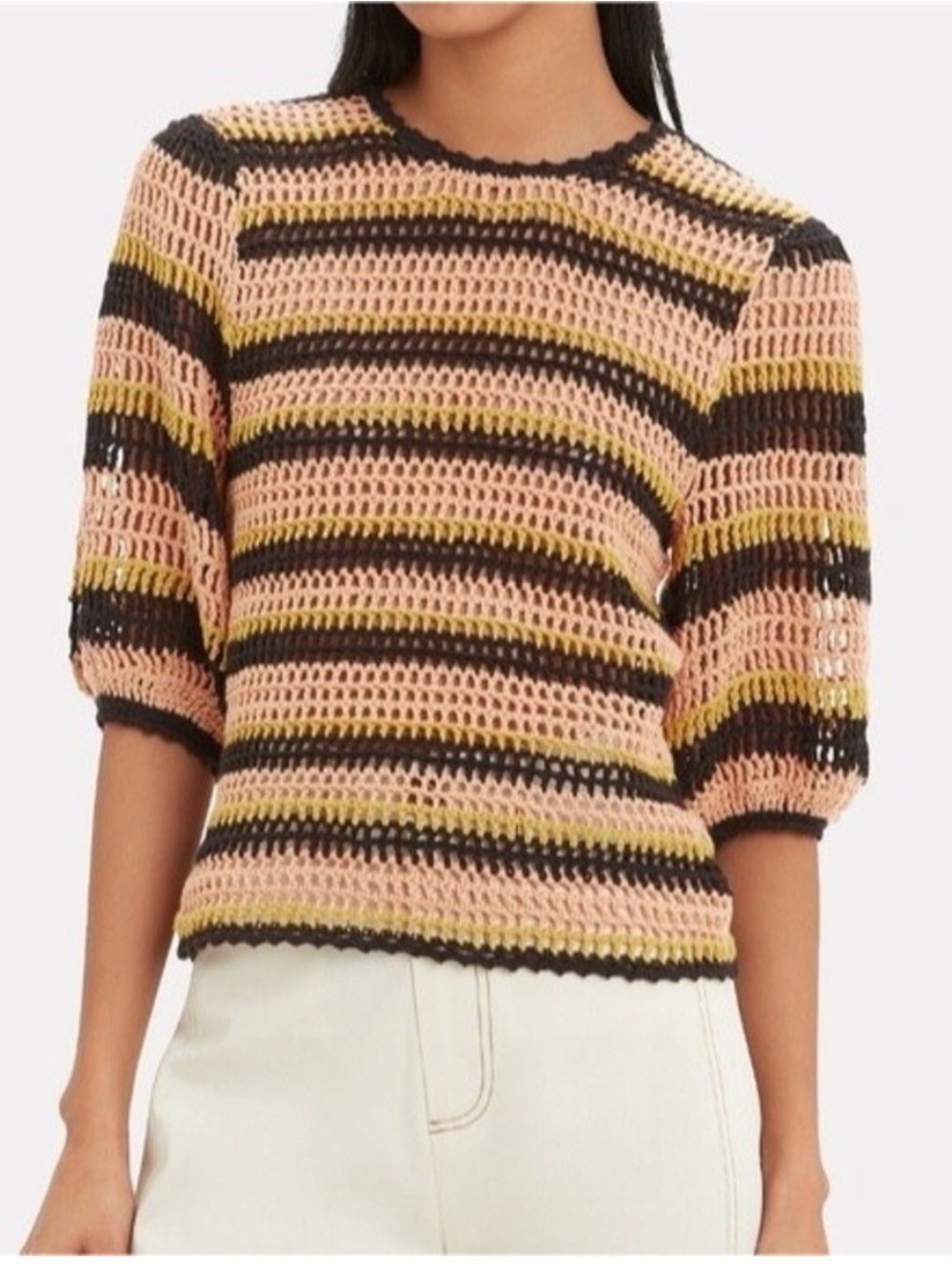 Ulla Johnson Amata Crochet Knit Sweater Top Striped Black Pink Yellow P XS $395
